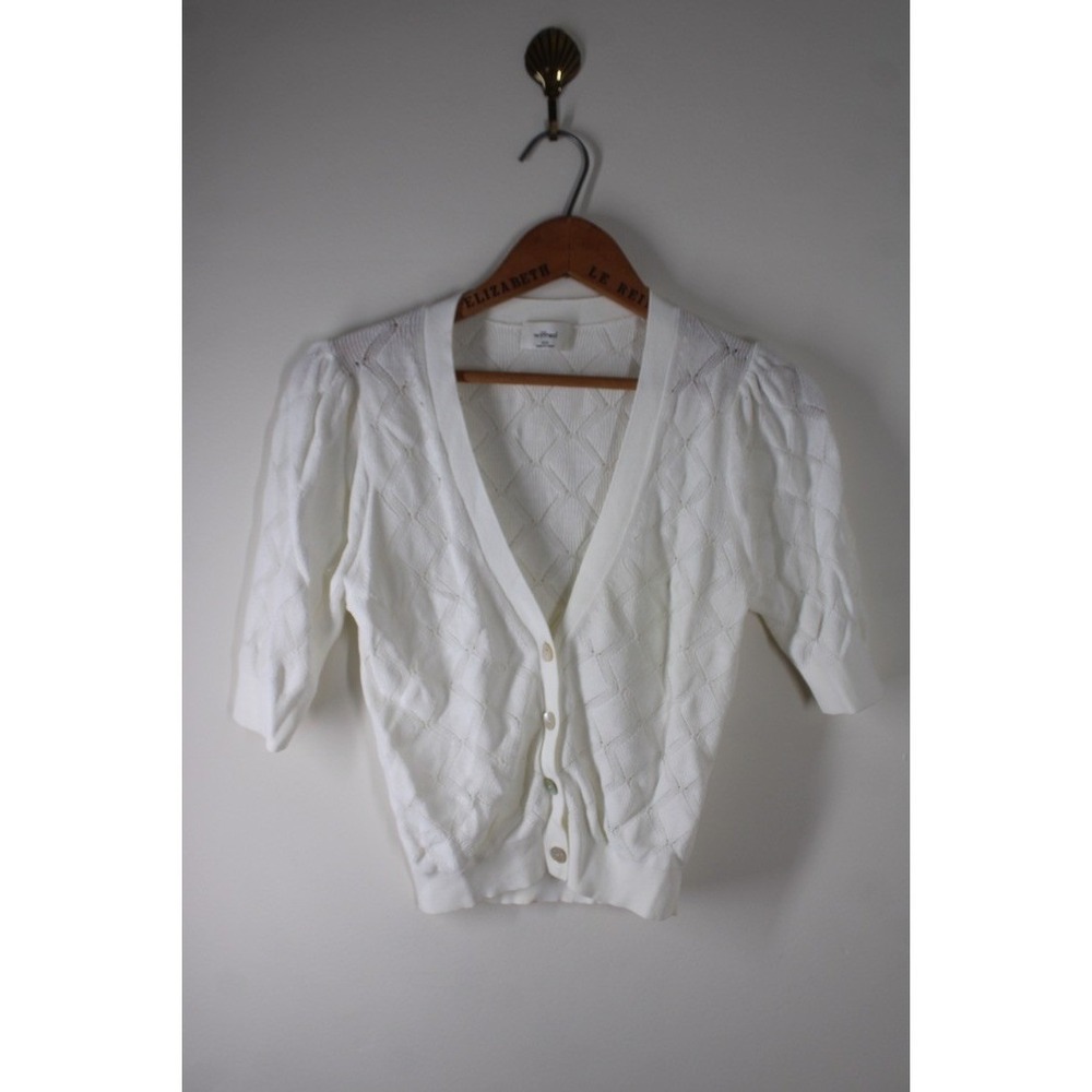 Wilfred XXS White Diamond Knit V-Neck Cardigan Sweater Puff Half Sleeve
